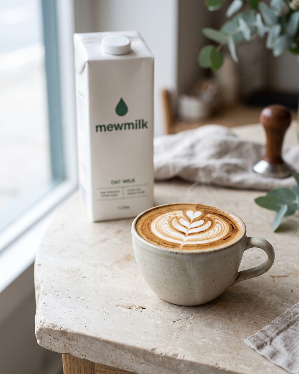 Latte with a glossy microfoam tulip on a pale stone counter, a mewmilk carton soft in the background