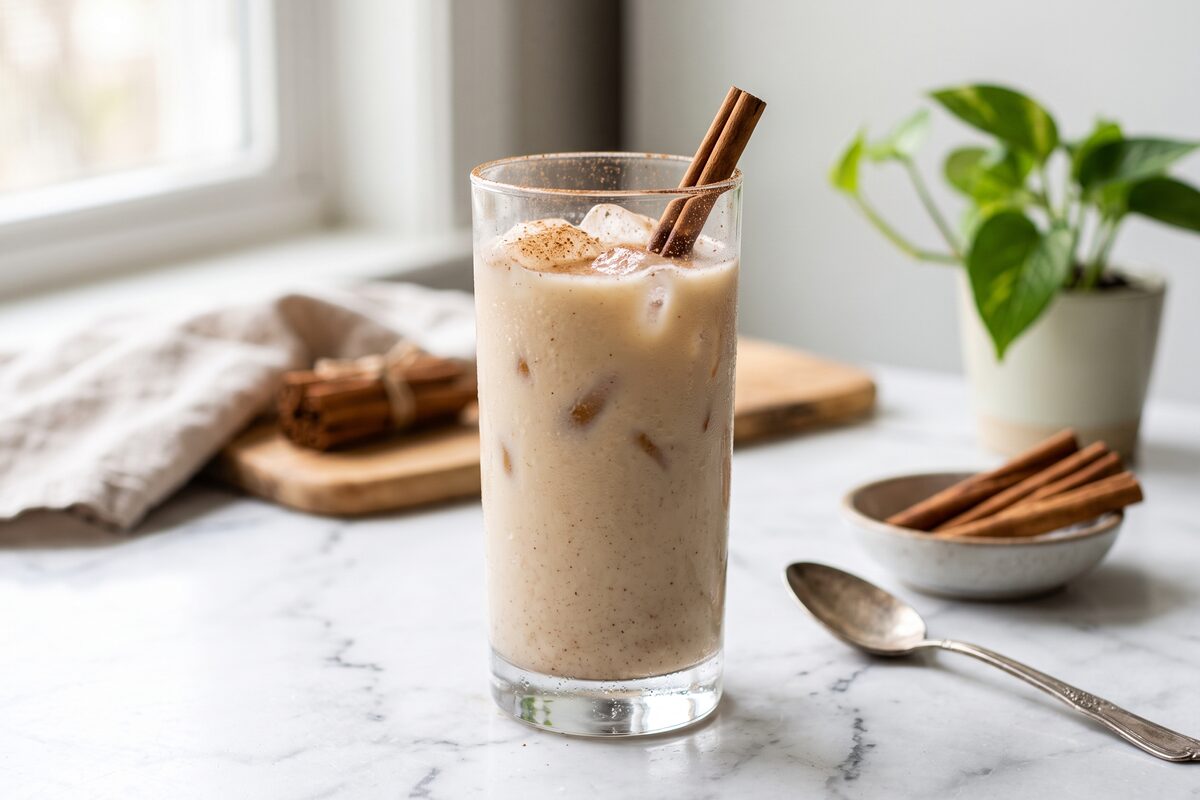 Tall glass of oat horchata with ice and a cinnamon stick, on a white marble counter