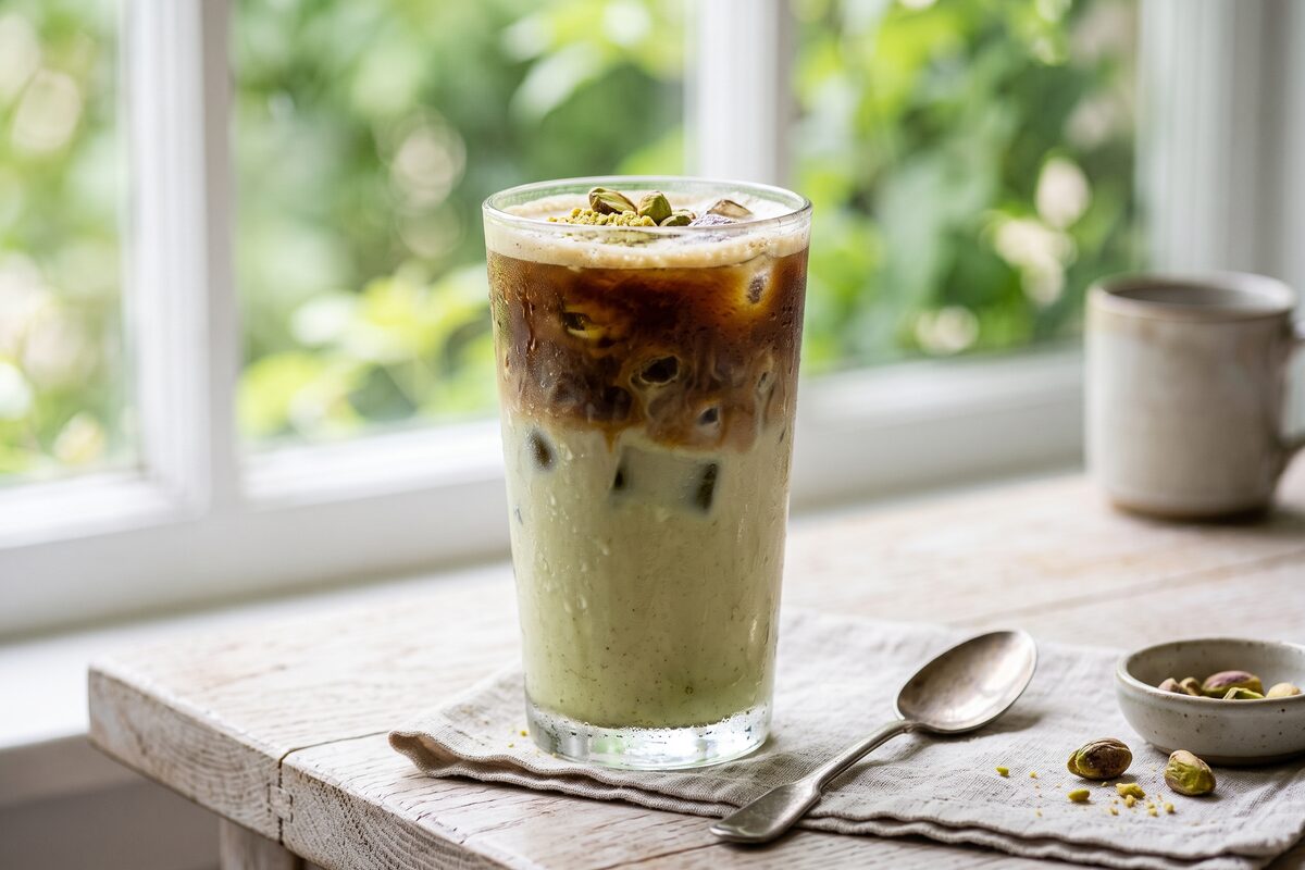 Tall iced pistachio latte with a layered espresso pour, condensation on the glass