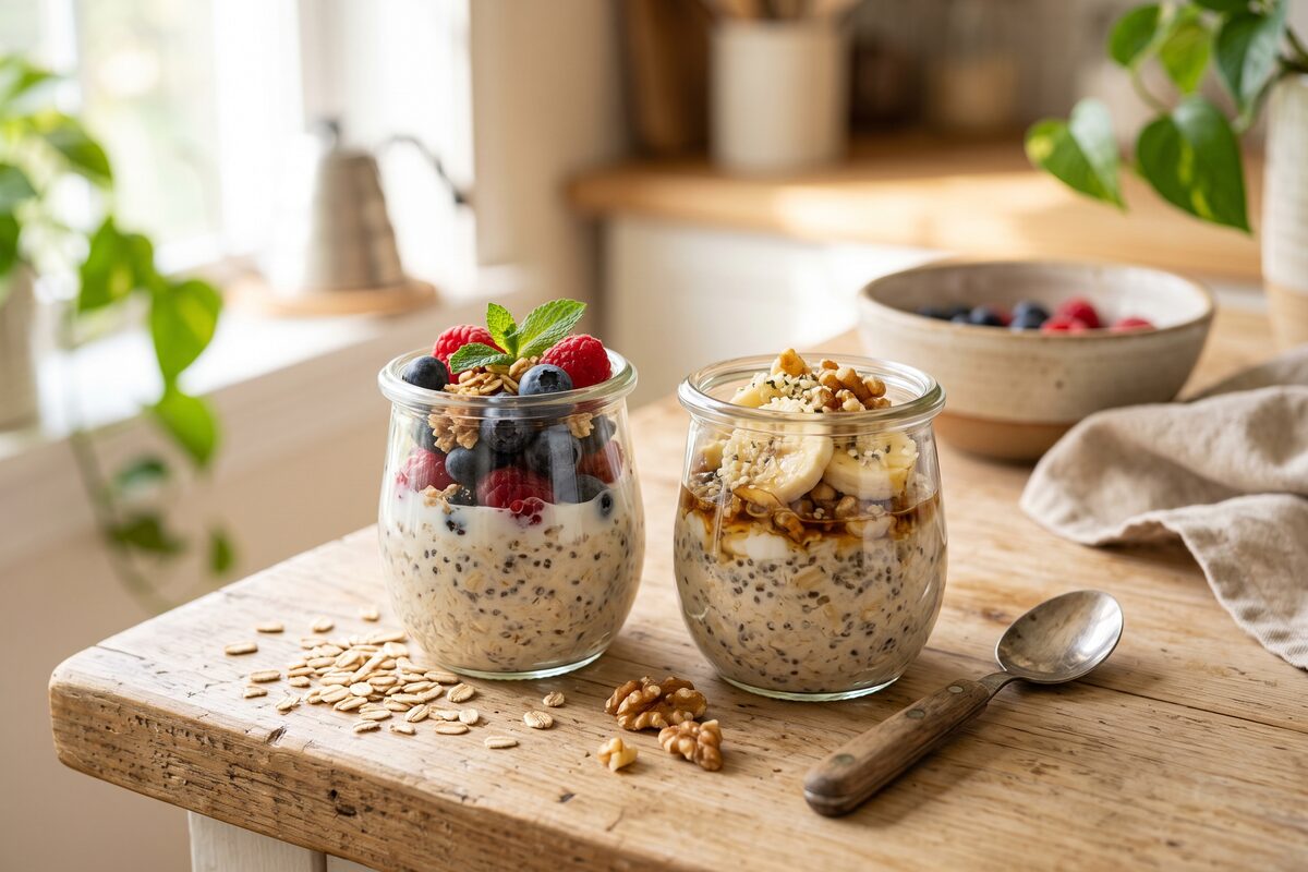 Two glasses of drinkable overnight oats on a light kitchen counter, morning light