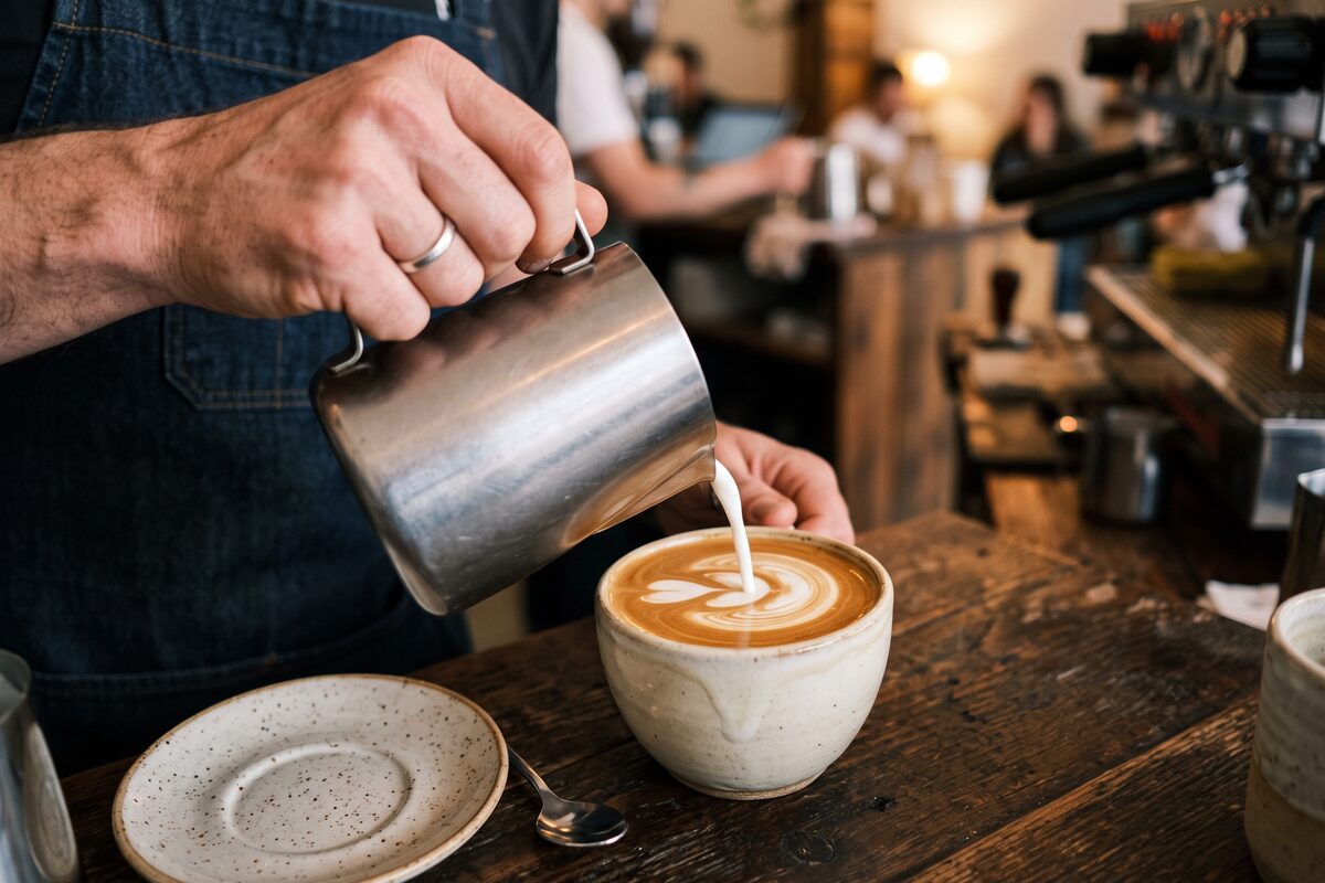 Steaming pitcher mid-pour, microfoam tulip forming in a latte