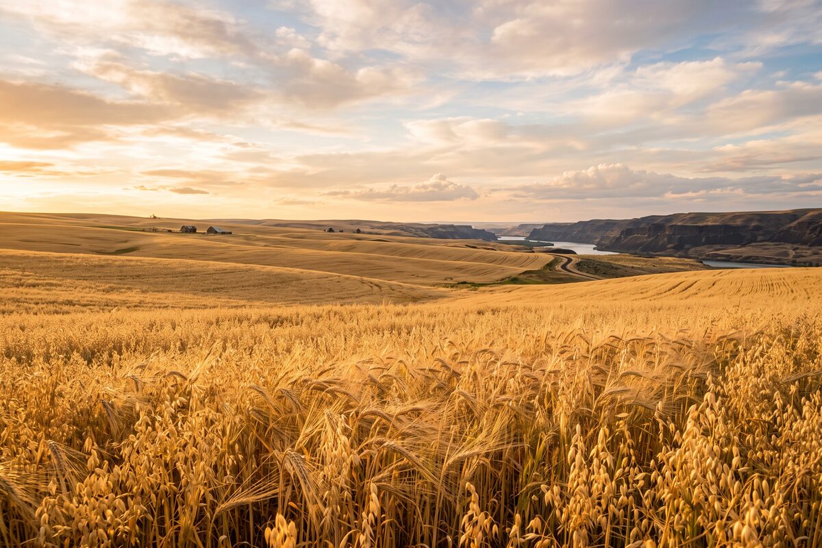 Wide oat field at golden hour, Columbia Basin on the Oregon-Washington border