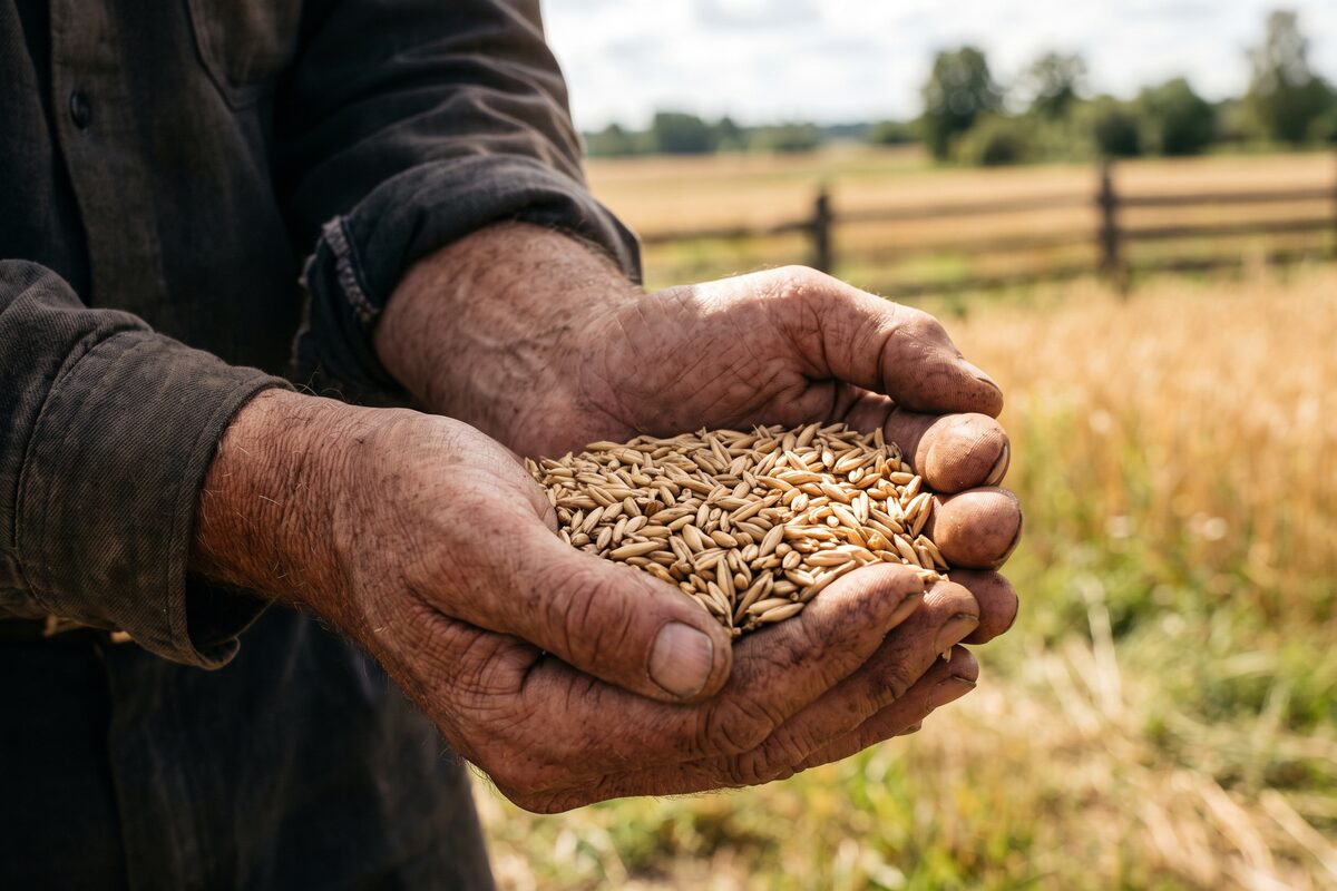 Cupped hands holding raw oat grains