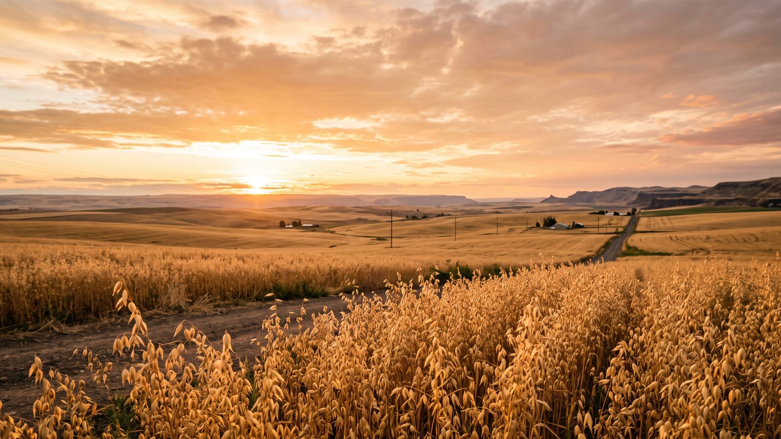 Wide oat field in the Columbia Basin at golden hour, big open sky