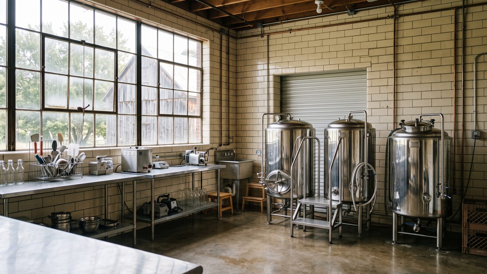Interior of the converted creamery on SE Bybee Blvd, stainless tanks and afternoon light through large windows