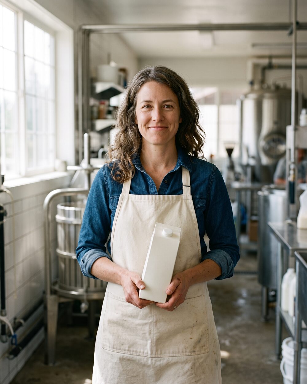 Della Quan standing in the creamery press room, holding a mewmilk carton